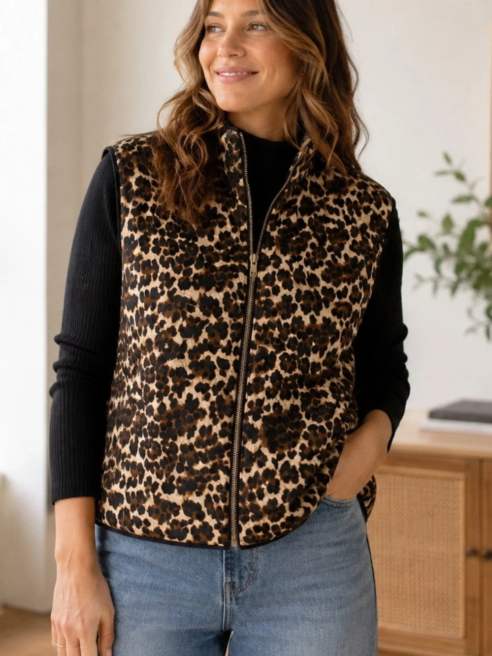Chico’s Weekends Leopard Quilted Lightweight Zip Vest Animal Print Size 3 XL